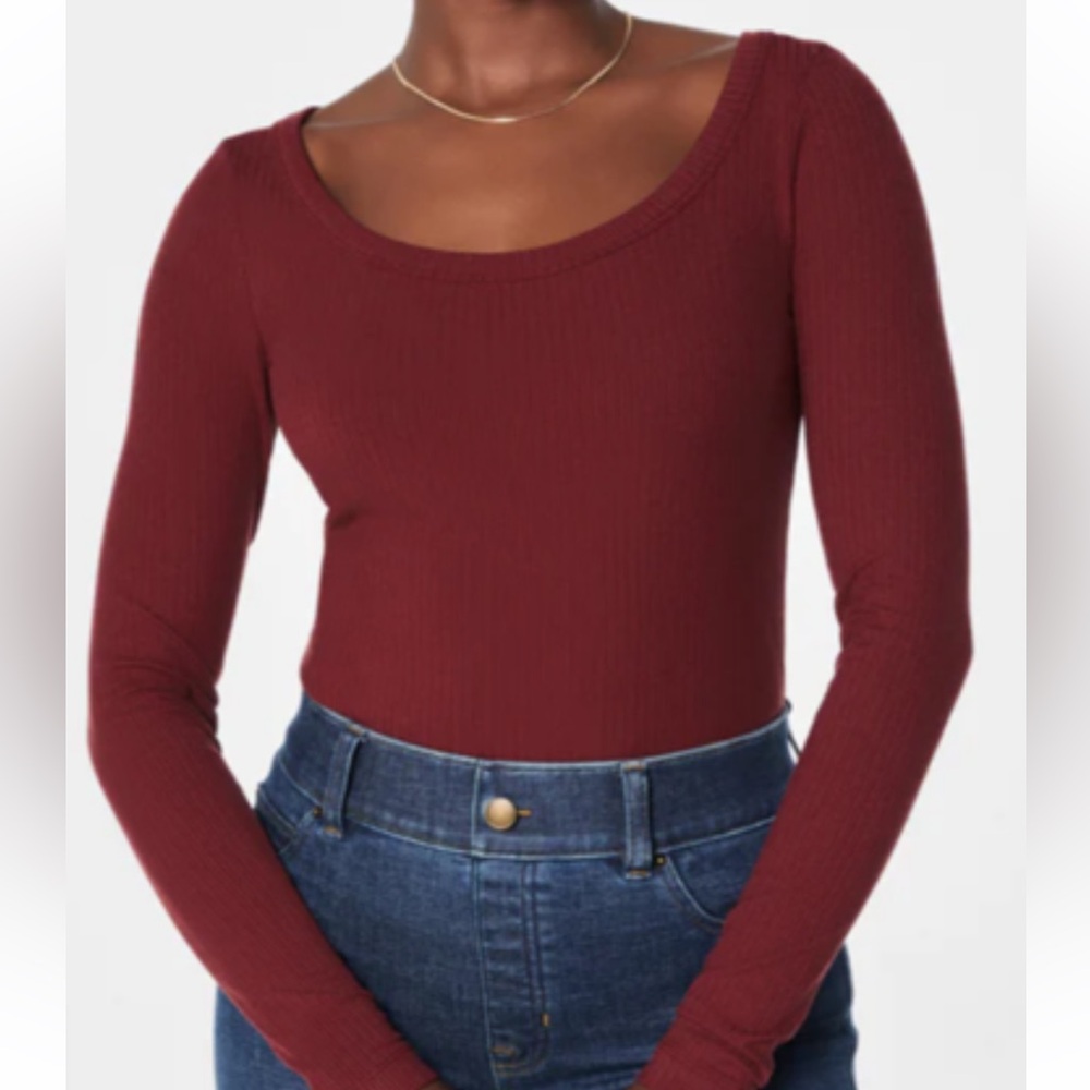 SPANX® Stretch Rib Scoop Neck Long Sleeve Tee Rex burgundy s women's NWT